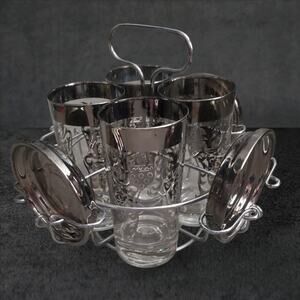 COPY - Mid Century Kimiko Highball Glasses Silver Knights Caddy & Coasters MCM …